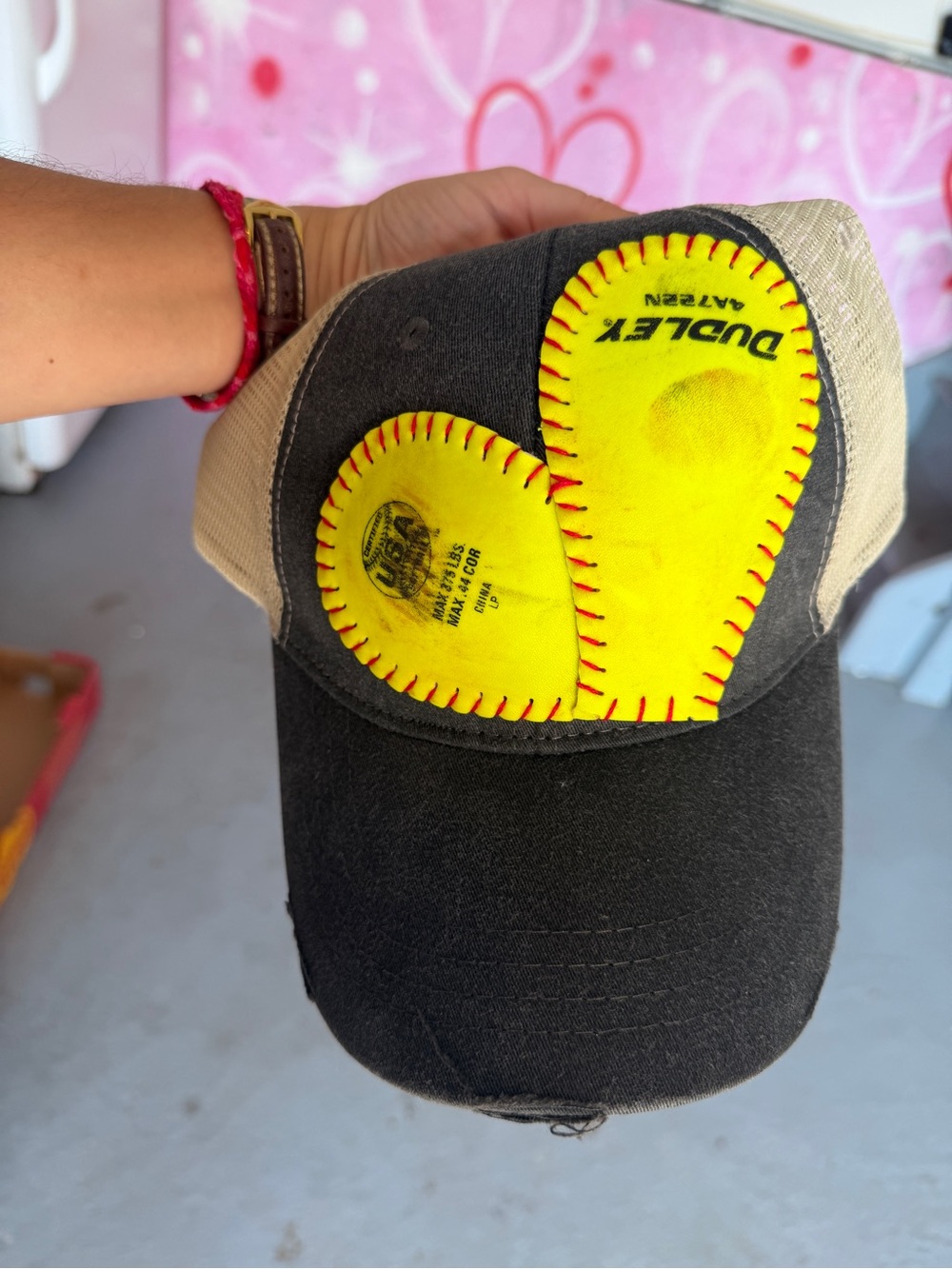 Women’s Black and Tan Trucker Hat with Yellow Softball Accents